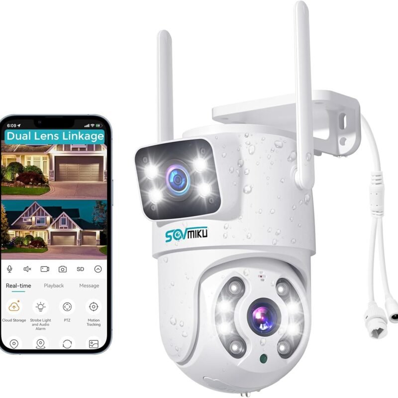 SOVMIKU 6MP PTZ Dual Lens Security Camera Outdoor, Wired Plug-in | Wireless 2.4G WiFi Camera, 360° View, Auto Tracking, Human Detection, Light Alarm, Color Night Vision, 24/7 Record,Two-Way Talk