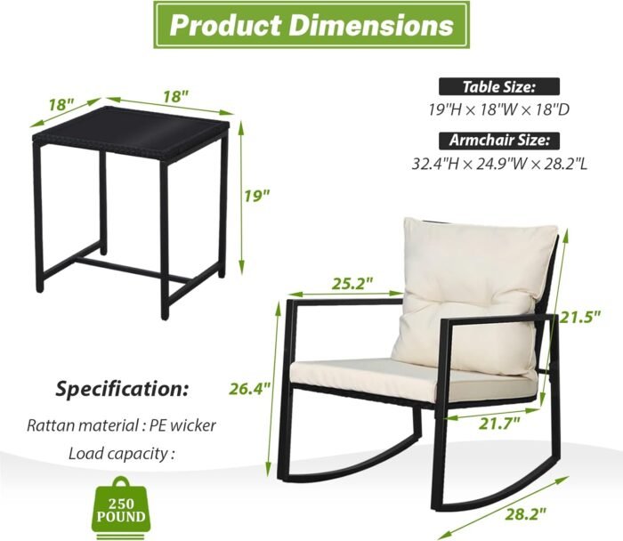 SUNCROWN 3 Piece Outdoor Rocking Bistro Set Black Wicker Furniture Porch Chairs Conversation Sets with Glass Coffee Table, Beige - Image 9
