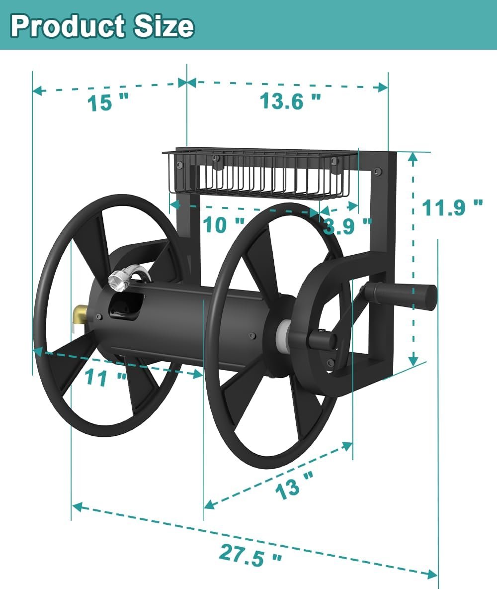 Garden Wall Mounted Hose Reel, Outdoor Heavy-Duty Water Hose Holder Winder, Holds 125 Feet of 5/8-Inch Hose, with 3.9 ft Leader Hose, Brass Fitting and Storage Basket for Yard, Black - Image 2