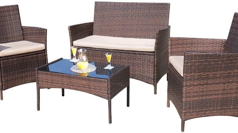 Homall 4 Pieces Outdoor Patio Furniture Sets Rattan Chair Wicker Set, Outdoor Indoor Use Backyard Porch Garden Poolside Balcony Furniture Sets Clearance (Brown and Beige)