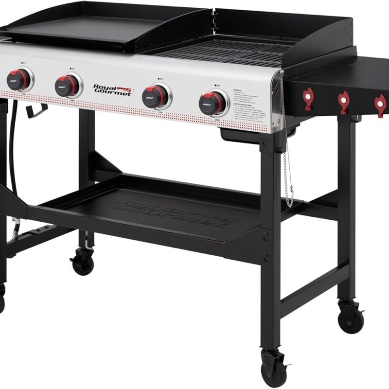 Royal Gourmet GD403 4-Burner Propane Gas Grill and Griddle Combo with Folding Legs, 48,000 BTUs, Portable Griddle Grill Combo for Outdoor Cooking While Camping or Tailgating, Black & Silver