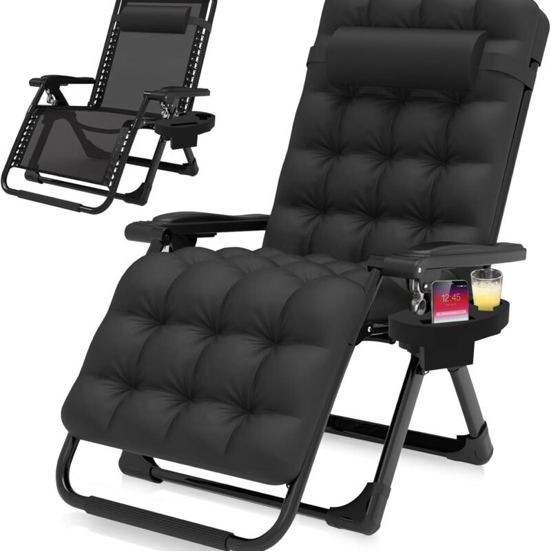Suteck Zero Gravity Chair, Reclining Camping Lounge Chair w/Removable Cushion, Upgraded Lock and Cup Holder, Reclining Patio Chairs Folding Recliner for Indoor and Outdoor