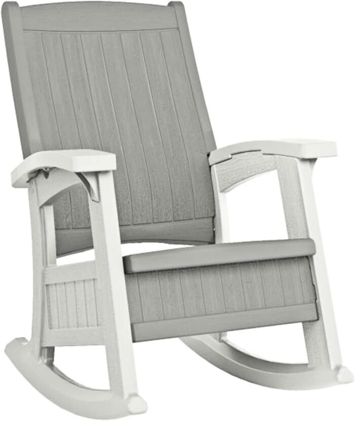 Suncast Outdoor Patio Rocking Chair with Under-Seat Storage, Stylish Faux Wood Outdoor Rocker for Patios, Dove Gray