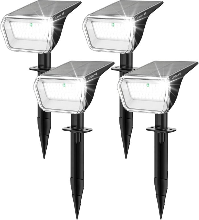 Linkind Solar Spot Lights Outdoor, 60 LEDs Solar Landscape Lights with 30% Conversion Rate and Waterproof IP67, Ideal for Outside, Garden, Yard, Pathway (4 Pack, Cool White)