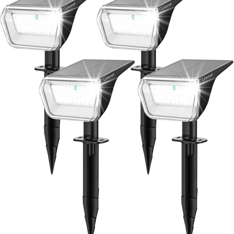 Linkind Solar Spot Lights Outdoor, 60 LEDs Solar Landscape Lights with 30% Conversion Rate and Waterproof IP67, Ideal for Outside, Garden, Yard, Pathway (4 Pack, Cool White)
