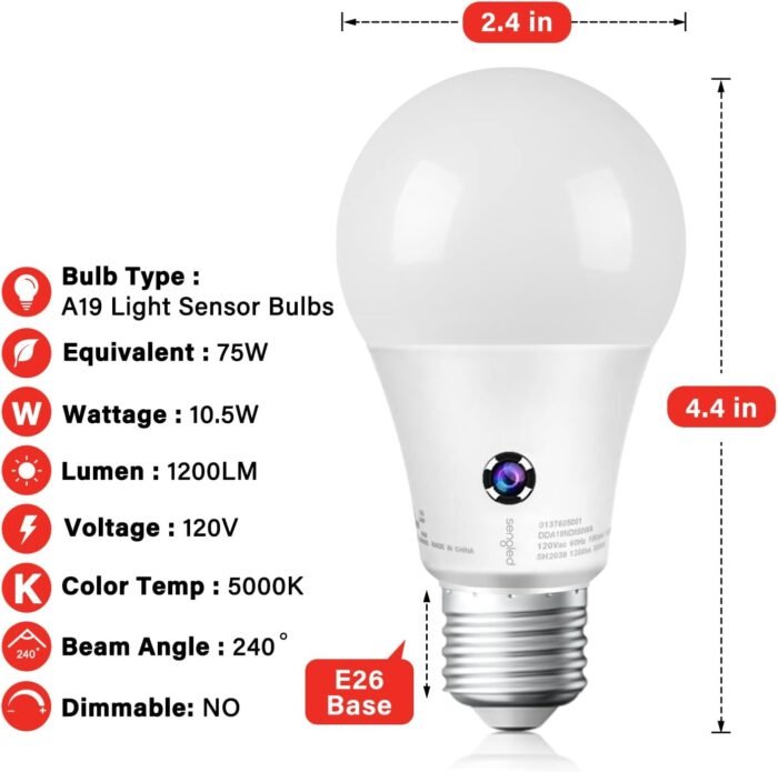 Sengled Dusk to Dawn LED Outdoor Light Bulb, 75 Watt Equivalent, 1200 Lumens, 5000K Daylight LED Light Bulb, Automatic On/Off Sensor Light Bulb for Porch Garage Lighting, 3 Pack - Image 3