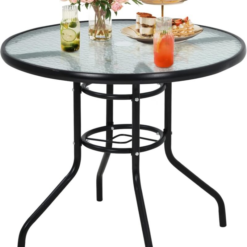 Dkelincs Outdoor Dining Table with Umbrella Hole 31.9" Round Patio Table Outdoor Furniture Garden Table Tempered Glass Patio Bistro Table for Balcony Backyard Lawn and Garden, Black