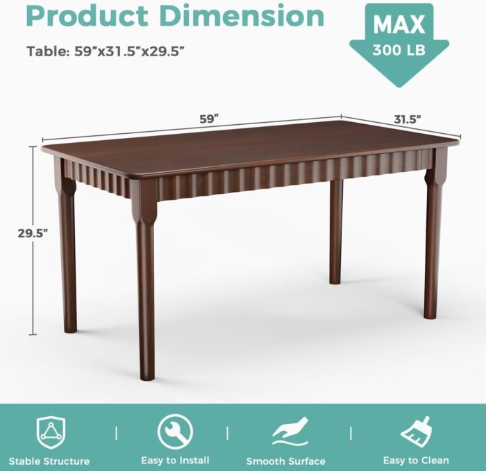 59 Inch Solid Wood Dining Table for 4-6, Farmhouse Kitchen Table with Large Tabletop, Mid Century Modern Table for Dining Room, Living Room, Kitchen, Easy Assembly, Walnut - Image 2