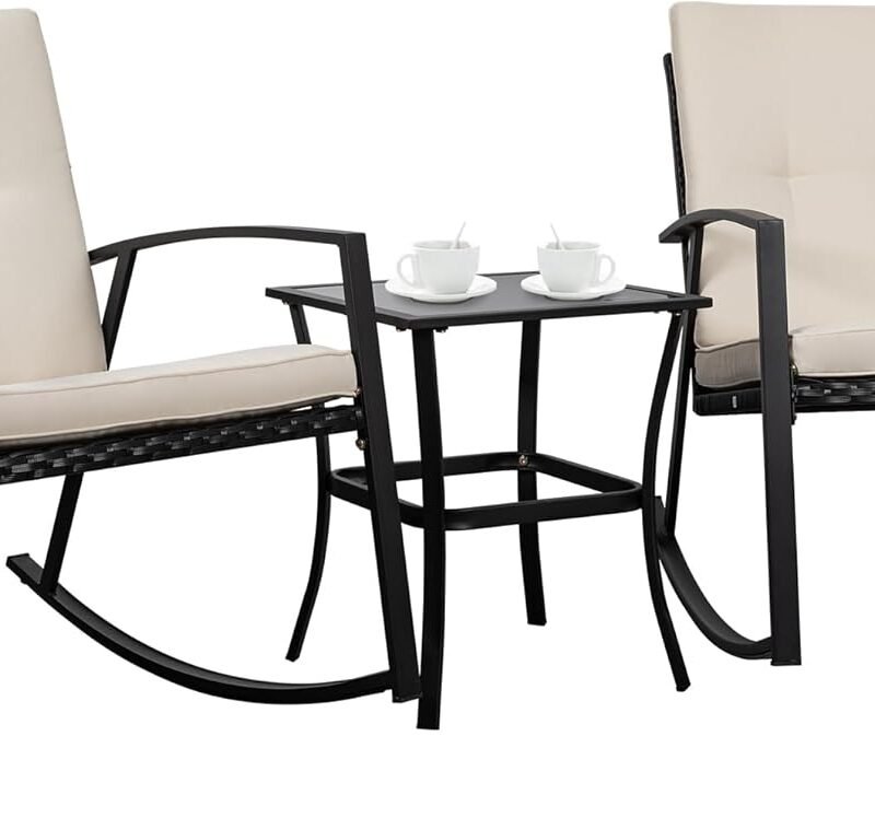 Shintenchi 3 Pieces Rocking Bistro Set Wicker Patio Outdoor Furniture, 2 Rattan Porch Chairs Conversation Sets with Glass Coffee Table (Beige)