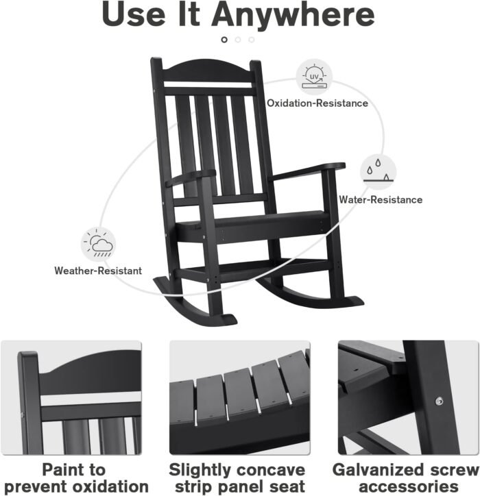 Devoko Resin Rocking Chair Plastic Outdoor Indoor Patio Rocker Chair High Back All Weather Rocker for Patio Backyard Porch Garden (Black) - Image 4