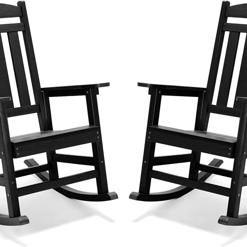 LUE BONA Outdoor Rocking Chairs Set of 2, Weather Resistant Poly Plastic Rocker, 350lb Heavy Duty, Oversized Porch Rocker for Adult, High Back Smooth for Outdoor & Indoor, Black