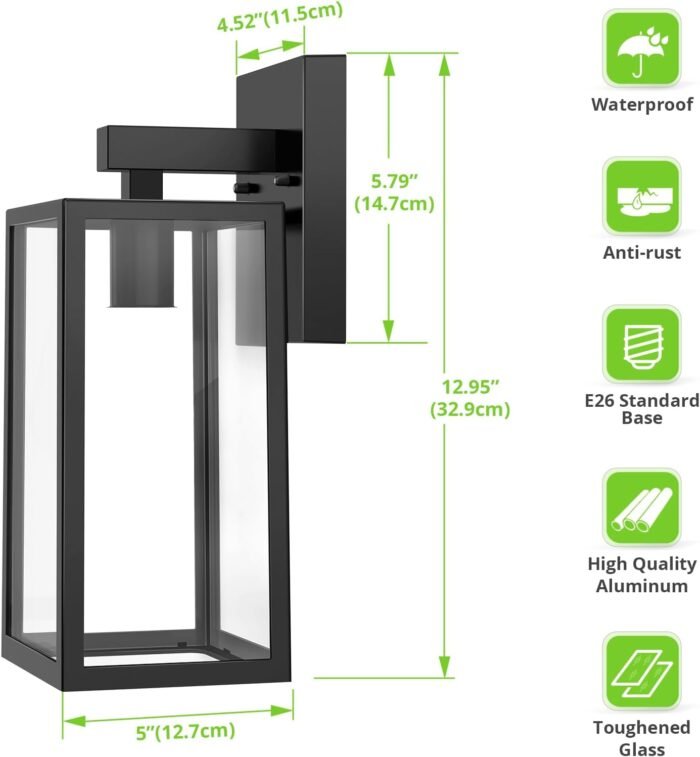 MAXvolador Outdoor Wall Sconce, Exterior Waterproof Wall Lantern Light Fixtures, Black Porch Lights with Toughened Glass Shade, Anti-Rust E26 Socket Front Door Wall Mount Lighting, 2 Pack - Image 5