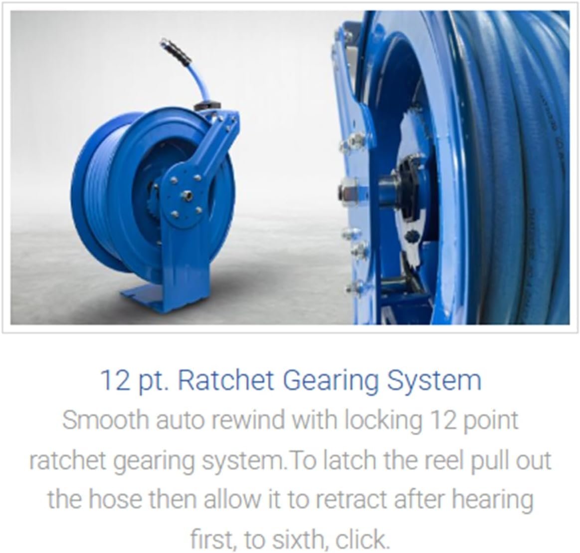 BLUSEAL BSWR5850 Retractable Hose Reel with 5/8" x 50' Hot Water Rubber Hose, 6' Lead-in, 500 PSI, Brass Fittings, Swivel Mount Hose Reel, 9 Pattern Spray Nozzle - Image 3