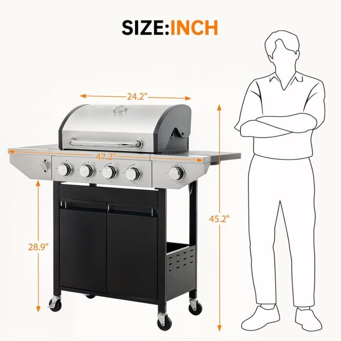 4 Burner Propane Gas Grill with Side Burner, Stainless Steel BBQ Grill 48,500 BTU for Outdoor Cooking Kitchen, Garden and Patio Backyard Barbecue, Black and Silver - Image 6