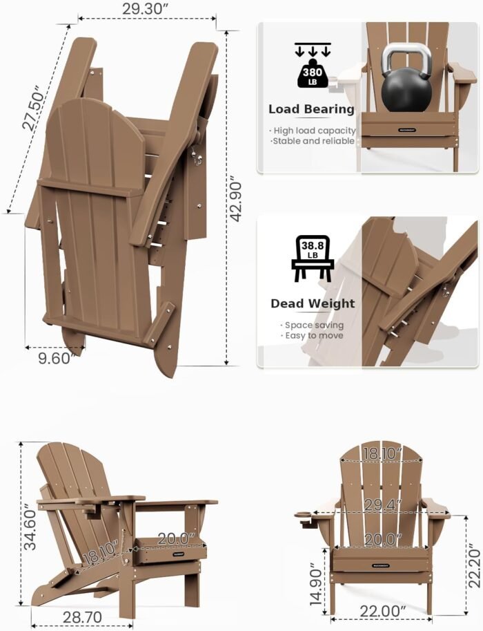 MUCHENGHY Folding Adirondack Chairs, Patio Chairs, Lawn Chairs, Outdoor Chairs, Adirondack Chair Plastic, Fire Pit Chairs, Weather Resistant with Cup Holder for Deck, Backyard, Garden(Teak) - Image 3