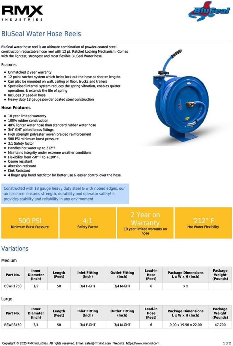 BLUSEAL BSWR5850 Retractable Hose Reel with 5/8" x 50' Hot Water Rubber Hose, 6' Lead-in, 500 PSI, Brass Fittings, Swivel Mount Hose Reel, 9 Pattern Spray Nozzle - Image 6