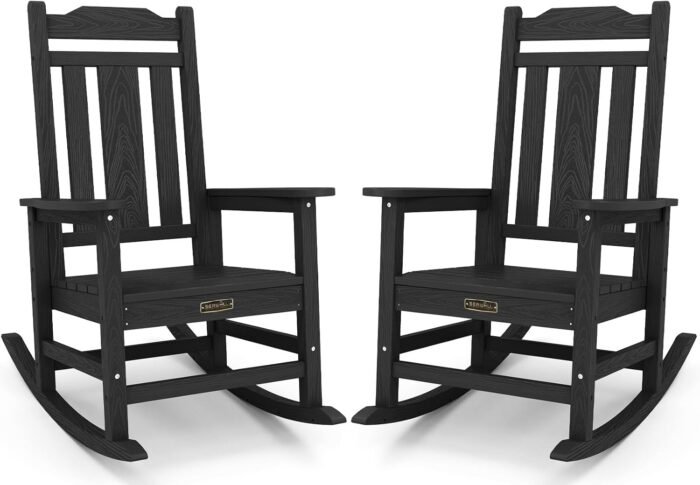 SERWALL Black Outdoor Rocking Chair Set of 2, All Weather Patio Rocking Chair, HDPE Poly Rocking Chair for Adults, Heavy Duty Front Porch Rocker