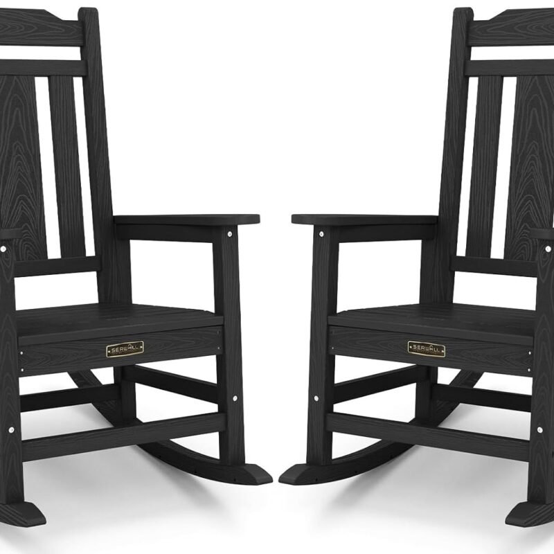 SERWALL Black Outdoor Rocking Chair Set of 2, All Weather Patio Rocking Chair, HDPE Poly Rocking Chair for Adults, Heavy Duty Front Porch Rocker