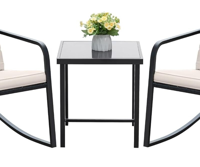 Devoko 3 Piece Rocking Bistro Set Wicker Patio Outdoor Furniture Porch Chairs Conversation Sets with Glass Coffee Table (Beige)