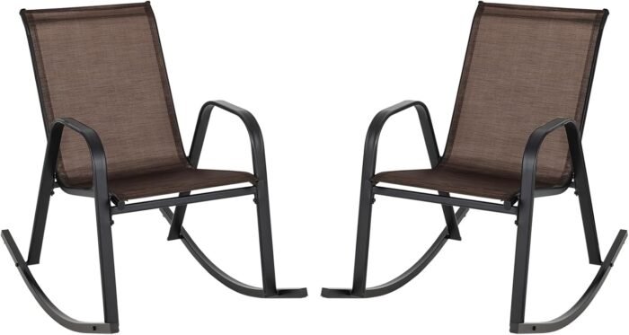 Tangkula Patio Rocking Chair Set of 2, Outdoor Ergonomic Rockers with Breathable Fabric Seat, Gentle Rocking Function, Sturdy Metal Rocker for Front Porch, Backyard, Garden (1, Dark Brown)