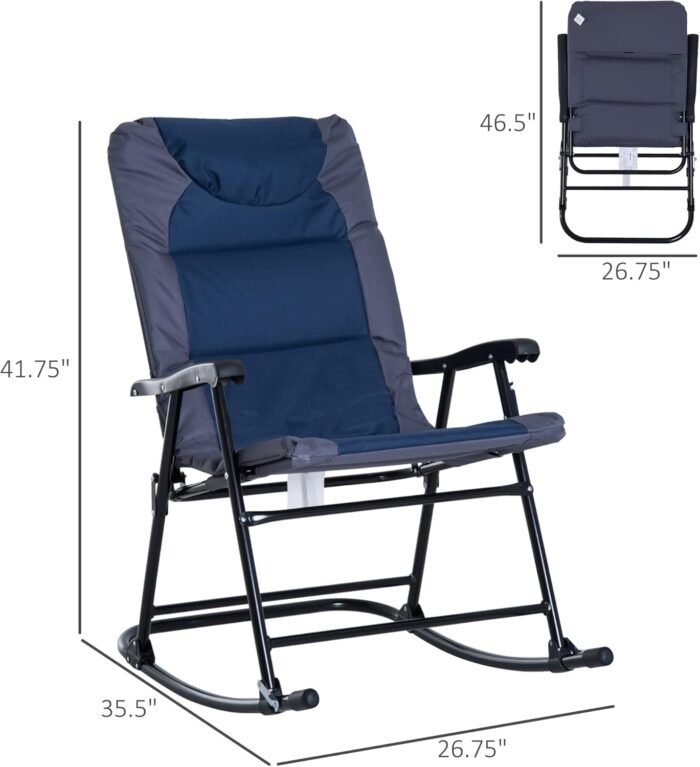 Outsunny 2 Piece Outdoor Patio Furniture Set with 2 Folding Padded Rocking Chairs, Bistro Style for Porch, Camping, Balcony, Navy Blue - Image 3