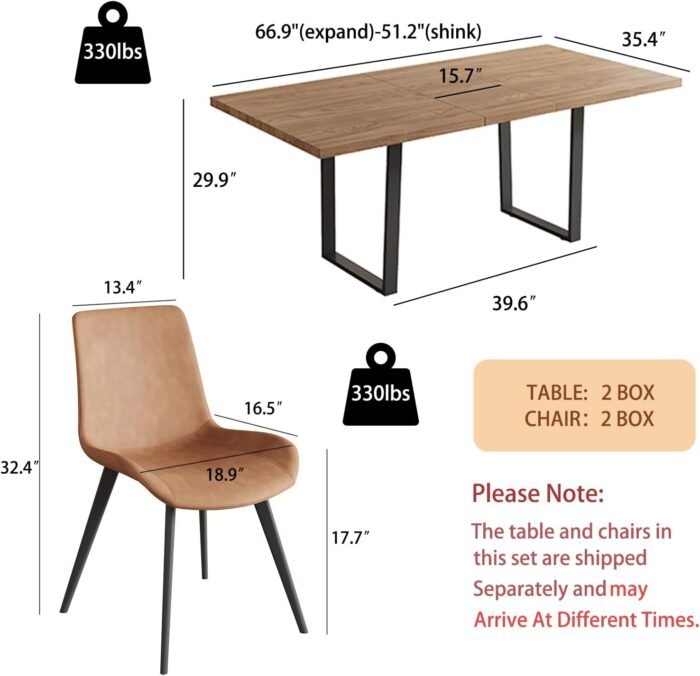 ZckyCine 67" Expandable Walnut Dining Table and 6 Upholstered Chairs, 7-Piece Dining Room Furniture Set, Mid-Century Modern Style for Home, Dining Room and Kitchen - Image 2