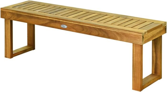 Tangkula 52 Inches Acacia Wood Outdoor Bench, Wood Bench for Dining Room Entryway Poolside Garden, Patio Backless Dining Bench with Slatted Seat, Ideal for Outdoors & Indoors (2, Teak) - Image 8