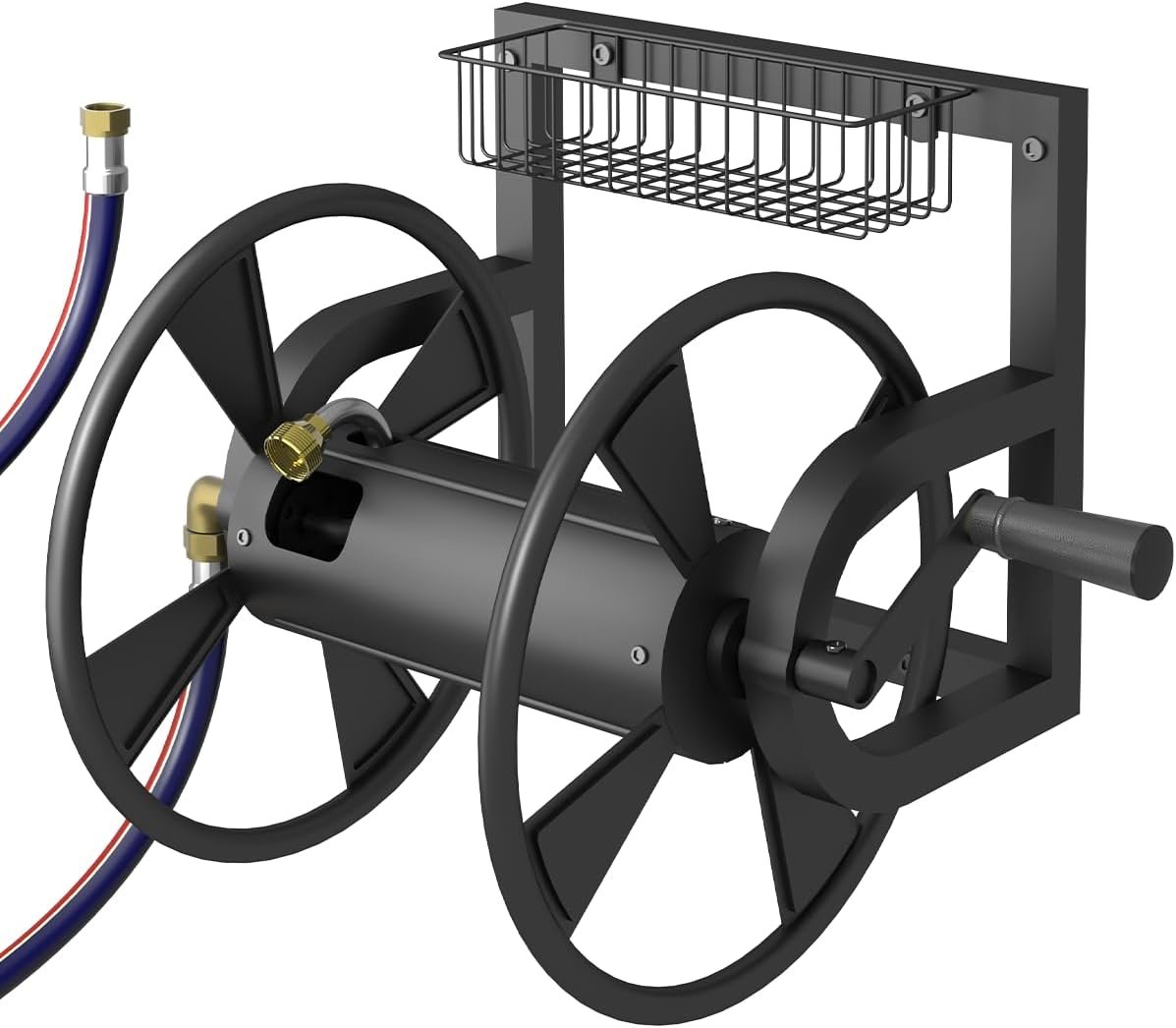 Outdoor Garden Hose Reel Wall Mount, Heavy-Duty Water Hose Holder Winder with 3.9 ft Leader Hose, Brass Fitting and Storage Basket for Yard, Holds 125 Feet of 5/8-Inch Hose, Black