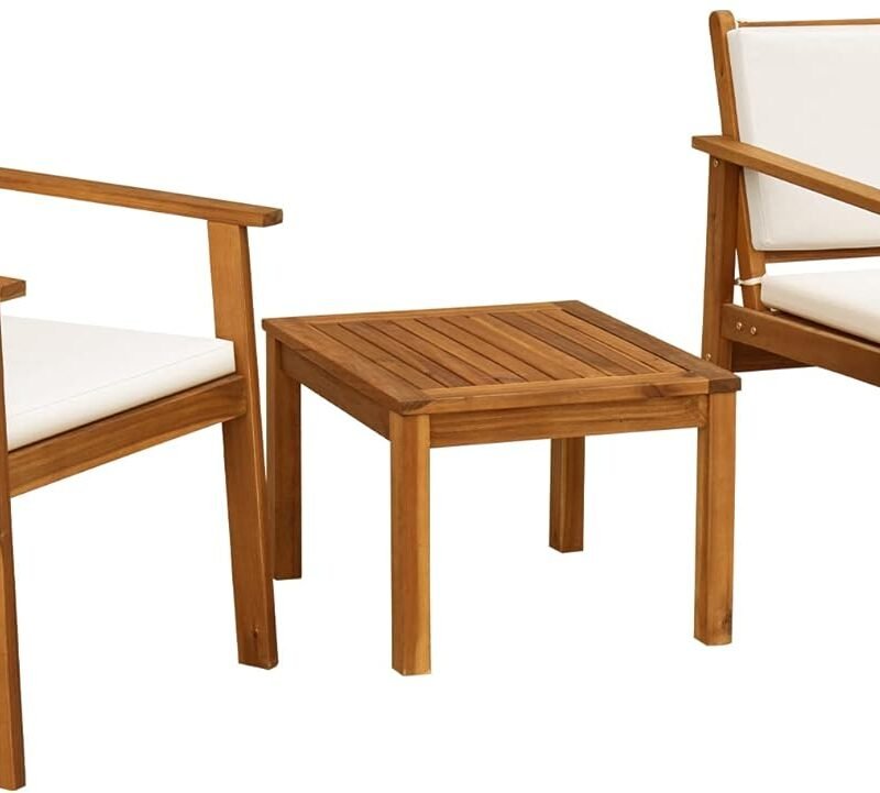 Flamaker Patio Chairs 3 Piece Acacia Wood Patio Furniture with Coffee Table & Cushions Outdoor Conversation Set Balcony Chairs for Porch, Deck, Backyard
