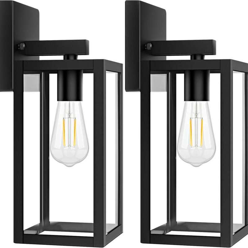 2-Pack Outdoor Light Fixtures Wall Mount, Waterproof Exterior Wall Lanterns with Clear Glass, Anti-Rust Outside Black Wall Sconces, Front Porch Lights for House Garage Doorway, Bulbs Not Included