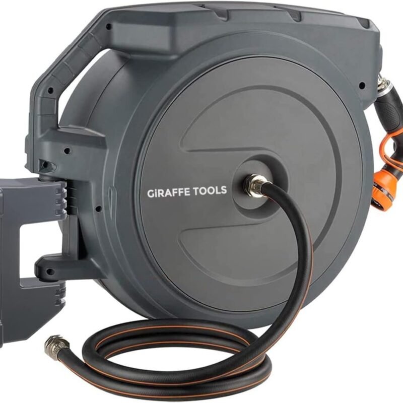 Giraffe Tools AW405/8MB Retractable Garden Hose Reel 5/8" x 90 ft PRO Metal Bracket, Heavy Duty, Any Length Lock Hose Reel, 90ft, Dark Grey