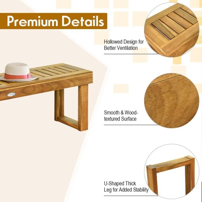 Tangkula 52 Inches Acacia Wood Outdoor Bench, Wood Bench for Dining Room Entryway Poolside Garden, Patio Backless Dining Bench with Slatted Seat, Ideal for Outdoors & Indoors (2, Teak) - Image 6