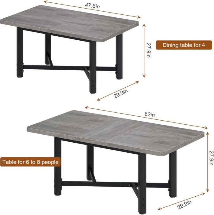 Dining Table Set for 4-6, Extendable Dining Room Table, Kitchen Table, Dining Room Table for 6, Dinner Table, Space Saving Wood Kitchen&Dining Room Tables Furniture for Small Space (Grey) - Image 8