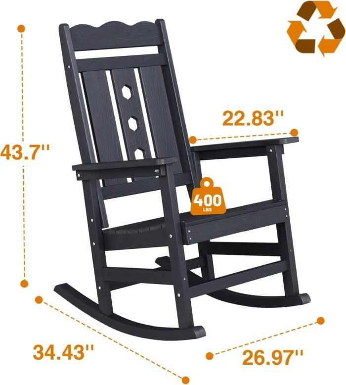 All-Weather Outdoor Rocking Chair, Oversized Porch Rocker Chair with 400 lbs Weight Capacity, High Back and Armrest, for Outdoor and Indoor, Garden, Backyard, Fire Pit, Lawn, Black - Image 3