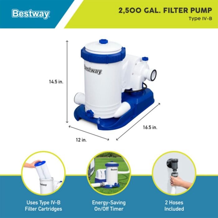 Bestway 2,500 Gallon Filter Pump for Above Ground 300 to 16,400 Gallon Swimming Pools with Customizable Timer, Filter Cartridge, and Set of Adapters - Image 2