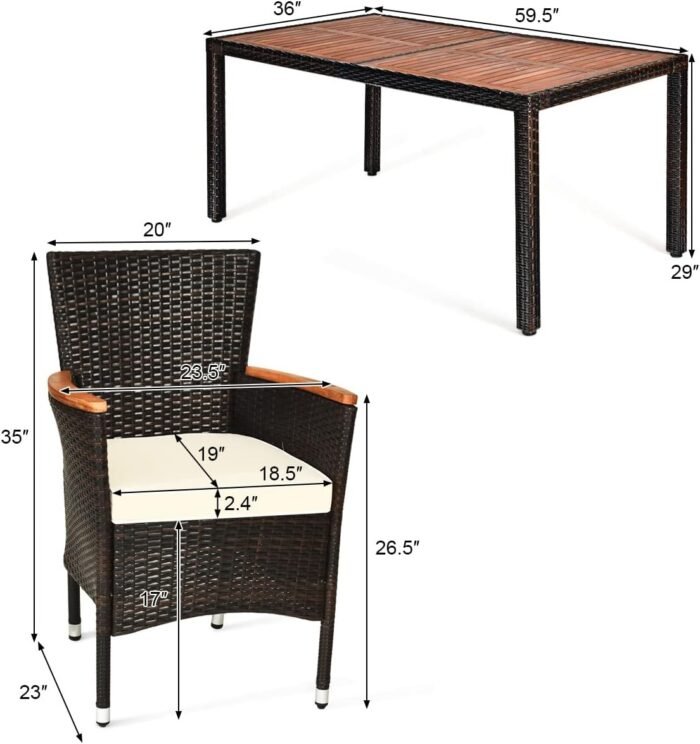 7 Pieces Patio Wicker Dining Set Outdoor Dining Set, Patio Furniture Set with Acacia Wood Table and Chairs, Garden Dining Table Set for Desk, Poolside, Backyard (Brown) - Image 6