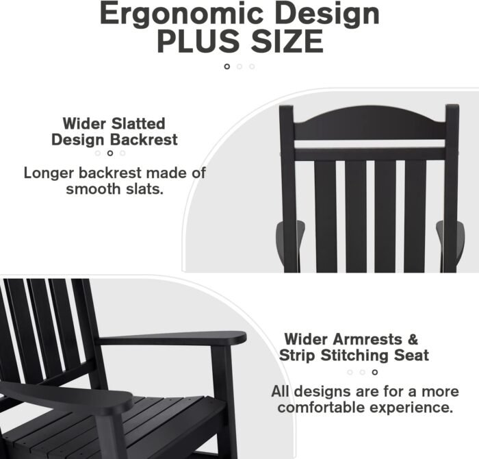 Devoko Resin Rocking Chair Plastic Outdoor Indoor Patio Rocker Chair High Back All Weather Rocker for Patio Backyard Porch Garden (Black) - Image 5