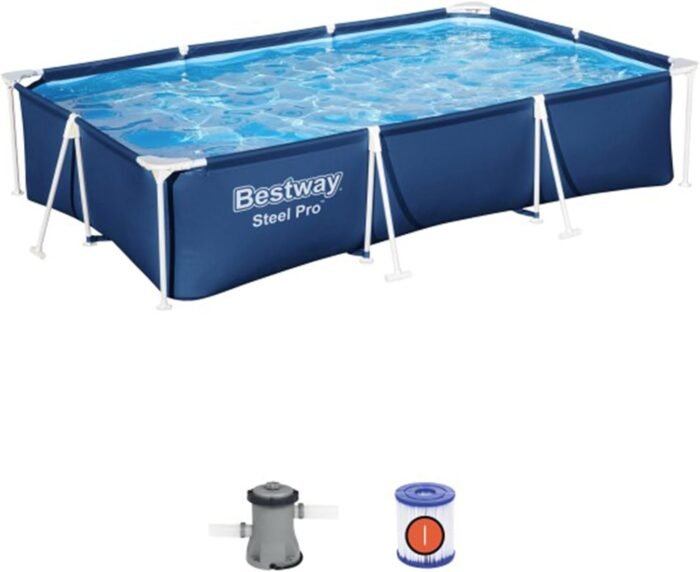 Bestway Steel Pro 9' 10" x 6' 7" x 26" Rectangular Above Ground Pool Set with 827 Gallon Capacity, DuraPlus Liner, and Flowclear 330 GPH Filter Pump