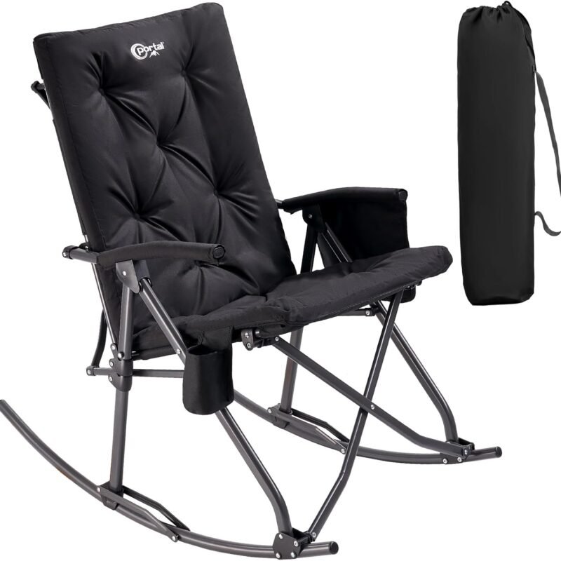PORTAL Folding Rocking Chair Indoor & Outdoor Thick Padded Rocking Recliner Chair Portable Camping Rocker for Patio Front Porch Backyard Lawn Living Room, Supports 400 LBS, Black