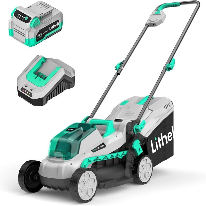 Litheli 20V 13" Cordless Lawn Mower, Electric Lawn Mowers for Garden, Yard and Farm, 5 Heights, with Brushless Motor, 4.0Ah Battery & Charger Included