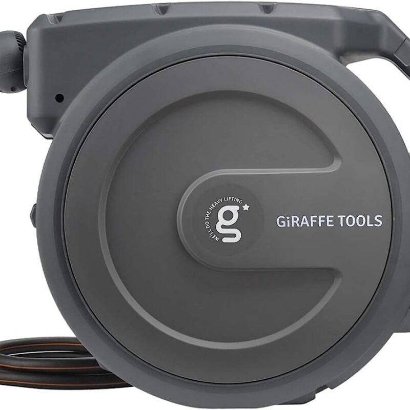 Giraffe Tools AW30 Garden Hose Reel Retractable 1/2" x 100 ft Wall Mounted Water Hose Reel Automatic Rewind, Any Length Lock, 100 ft, Dark Grey