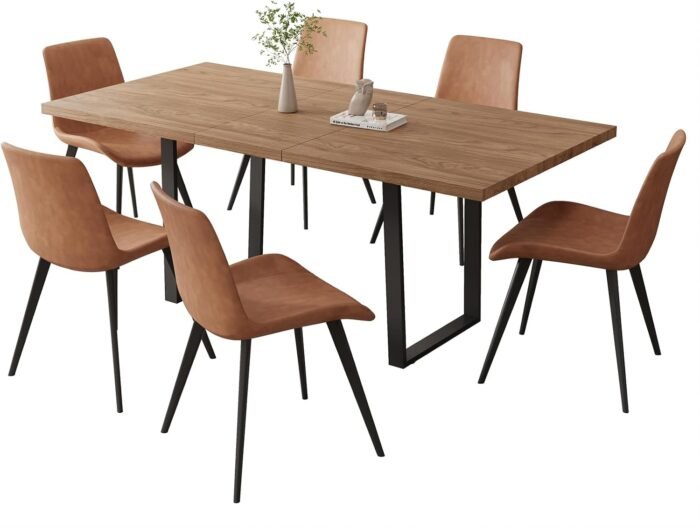 ZckyCine 67" Expandable Walnut Dining Table and 6 Upholstered Chairs, 7-Piece Dining Room Furniture Set, Mid-Century Modern Style for Home, Dining Room and Kitchen - Image 6