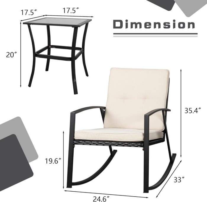 Shintenchi 3 Pieces Rocking Bistro Set Wicker Patio Outdoor Furniture, 2 Rattan Porch Chairs Conversation Sets with Glass Coffee Table (Beige) - Image 5