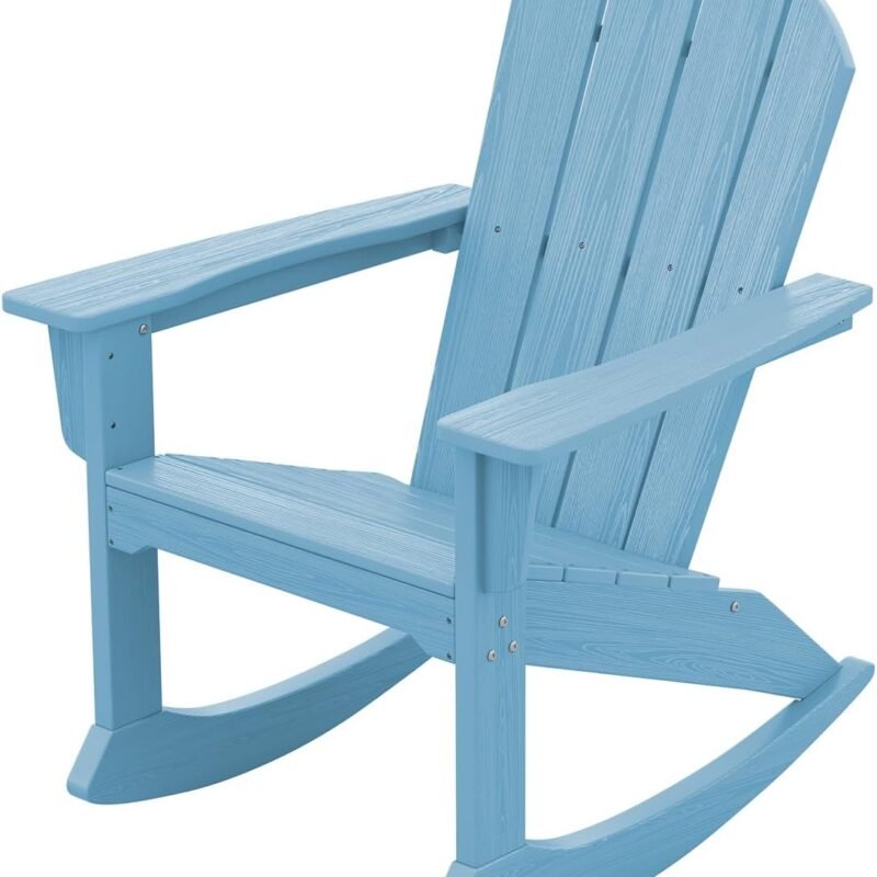 SERWALL Modern Adirondack Rocking Chair, HDPE Outdoor Rocking Chair, All Weather Patio Rocker for Porch, Lawn, Garden, Backyard, Light Blue