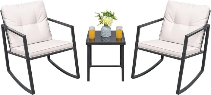 Greesum 3 Pieces Rocking Wicker Bistro Set, Patio Outdoor Furniture Conversation Sets with Porch Chairs and Glass Coffee Table, Beige - Image 3