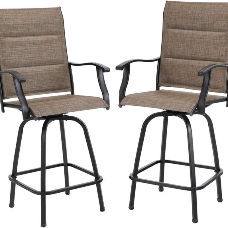 PHI VILLA Outdoor Swivel Bar Stools Set of 2, High Top Patio Chairs with Padded Textilene Seating, All-Weather Bar Height Furniture for Kitchen or Outside, Padded Brown Textilene