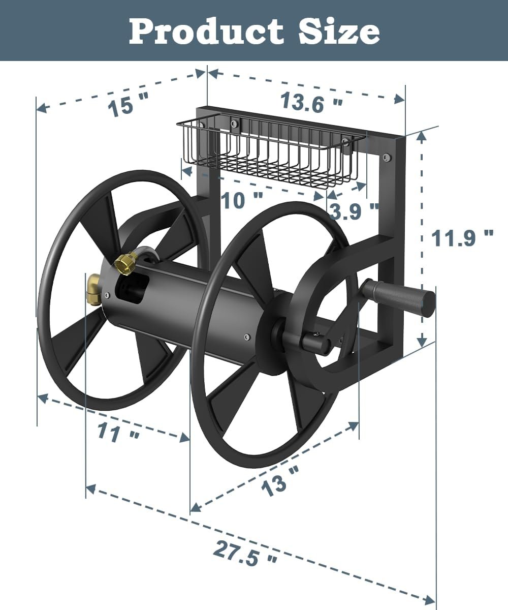 Outdoor Garden Hose Reel Wall Mount, Heavy-Duty Water Hose Holder Winder with 3.9 ft Leader Hose, Brass Fitting and Storage Basket for Yard, Holds 125 Feet of 5/8-Inch Hose, Black - Image 5
