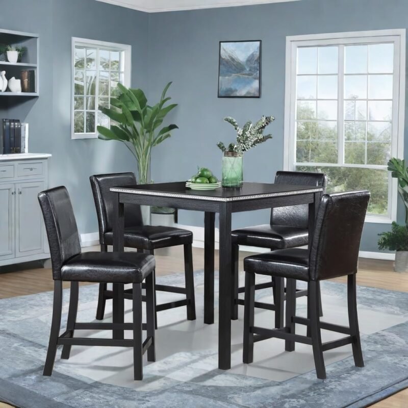 Dining Table Set for 4, Counter Height Kitchen Table with Square Table Top, Dining Table with 4 Upholstered Chairs for Living Room, Dining Room, Guset Room, Easy to Assemble, Black