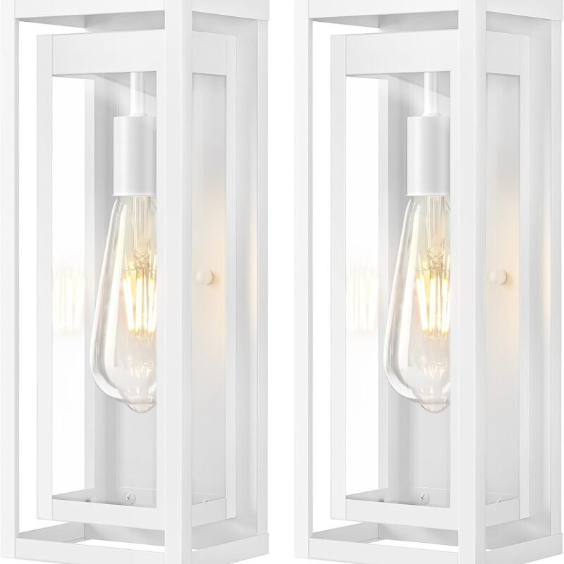 15" Large Outdoor Wall Lights, 2 Pack White Outdoor Light Fixtures, Modern Waterproof Exterior Lighting Sconces with Clear Glass Shade for Front Door, Porch, Garage