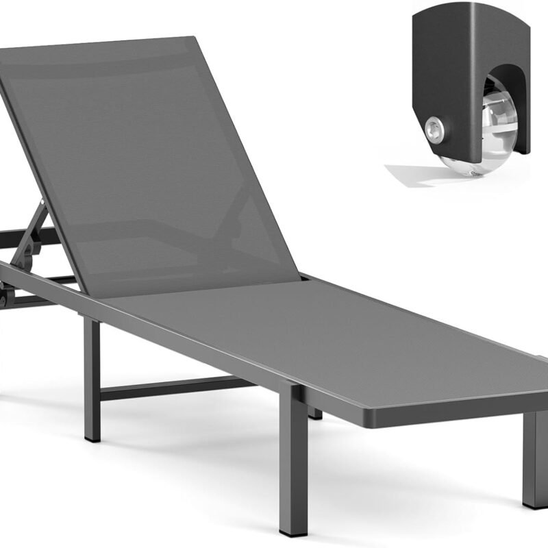 Aluminum Chaise Lounge Chair Outdoor with Wheels, Patio Lounge Chair with Adjustable 5-Position Recliner and Full Flat Tanning Chair for Patio, Beach, Pool, Grey